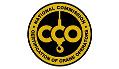 A yellow and black logo for the national commission on certification of crane operators.